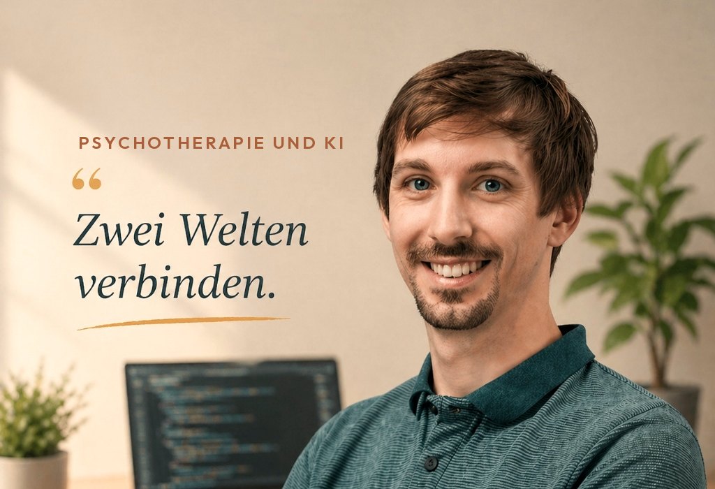 Alexander Ortner vor einem Laptop mit Programmcode — Bildtext: Zwei Welten verbinden